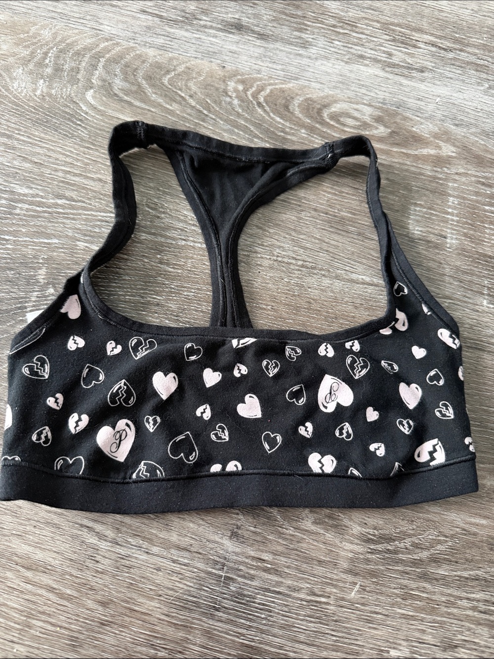 PINK Victoria's Secret Black Racerback Sports Bralette with Pink & White Hearts
